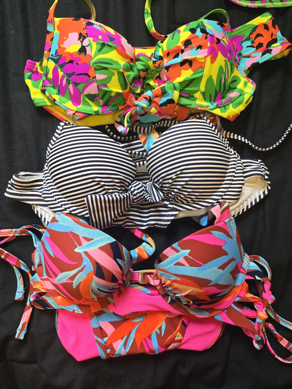Set of 3 Padded Bikini Tops in Tropical Prints and Navy Stripes